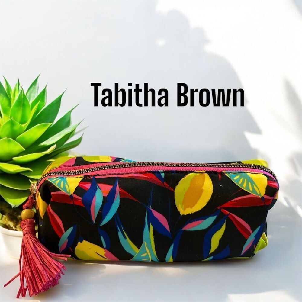 Tabitha Brown Tropical Print Makeup Pencil Bag Pink Straw Tassel Zipper Closure